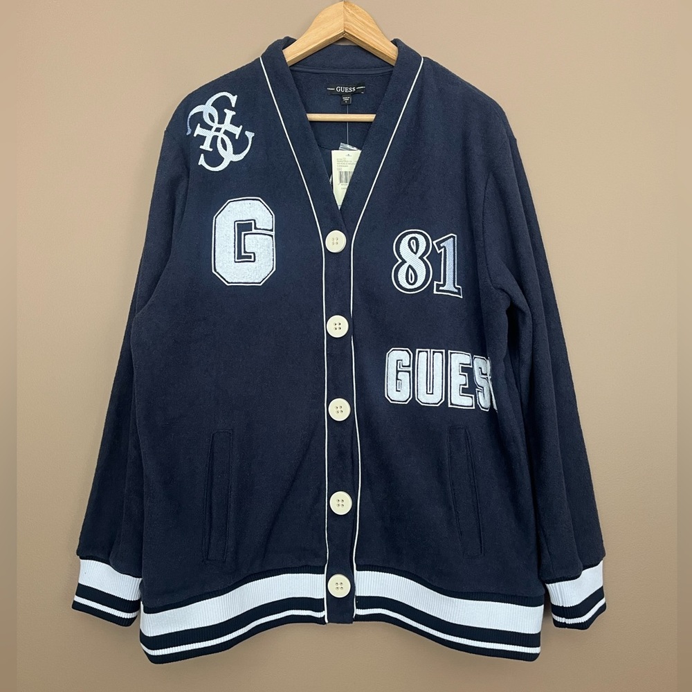 {Guess} Noele Boucle Varsity Cardigan Oversized in Daring Ocean - Small - NWT